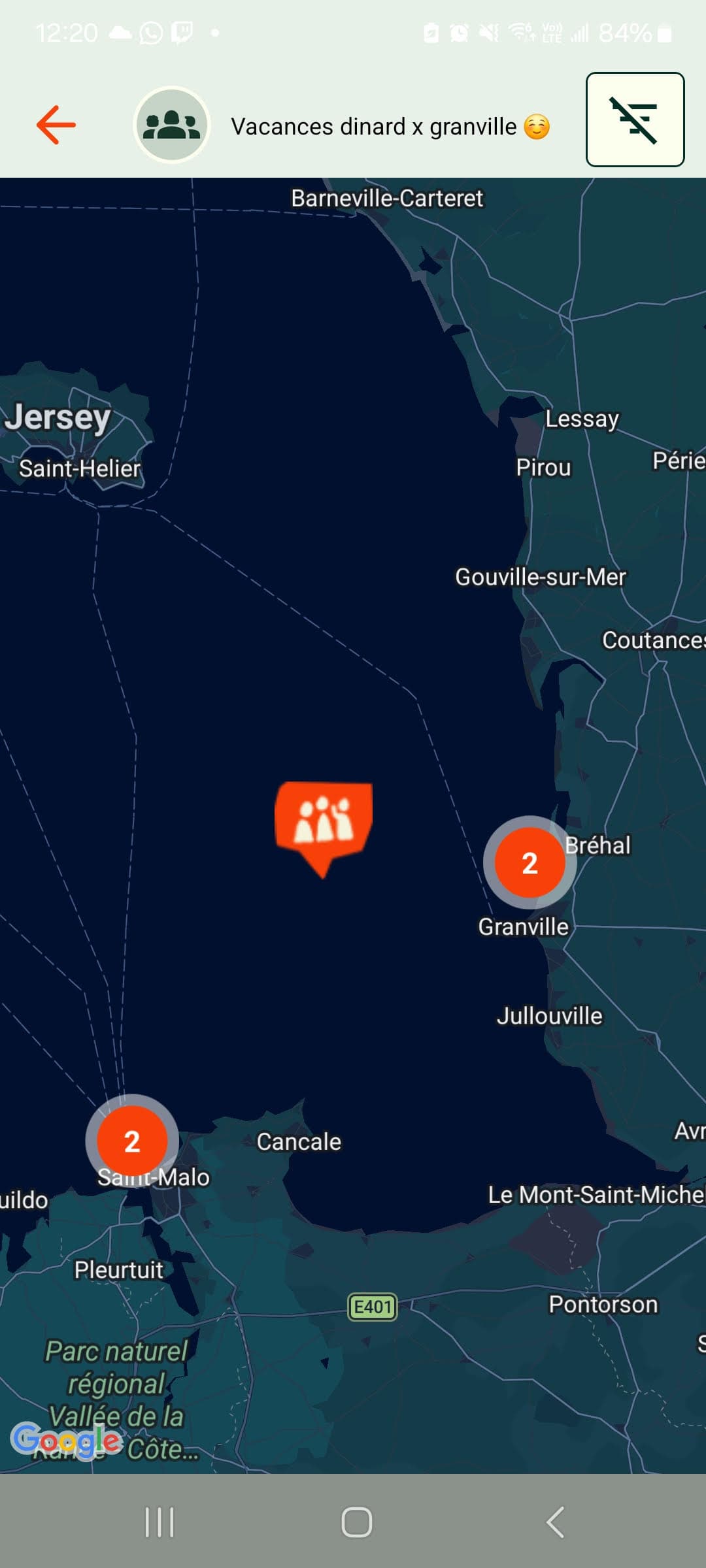 Carte du groupe « Vacances Dinard x Granville » dans Timetrace : les moments du séjour géolocalisés le long de la côte, de Saint-Malo à Granville