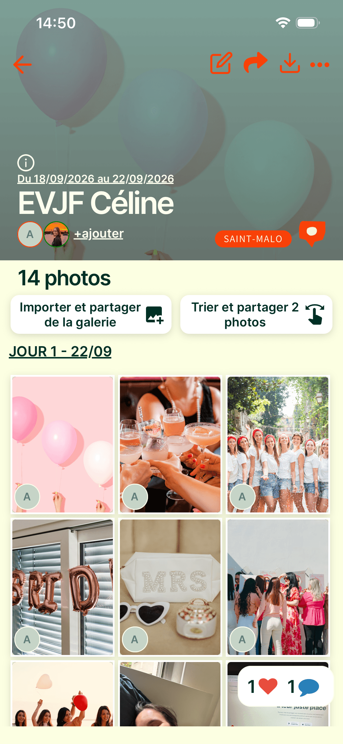 Écran de l'événement « EVJF Céline » dans Timetrace : les 14 photos du week-end à Saint-Malo, déposées par les participantes et rangées jour par jour