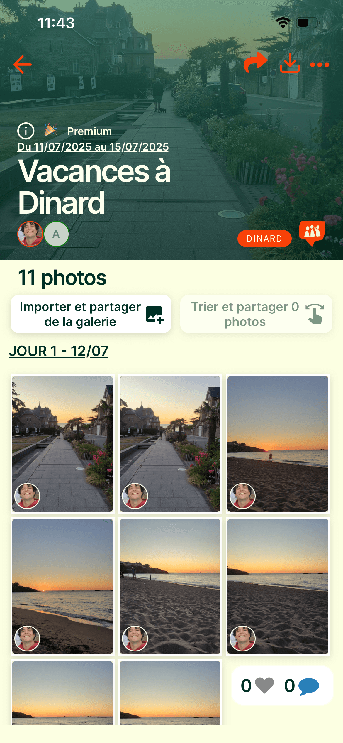 Écran d'un événement Timetrace : les photos déposées par chaque participant, rassemblées jour par jour