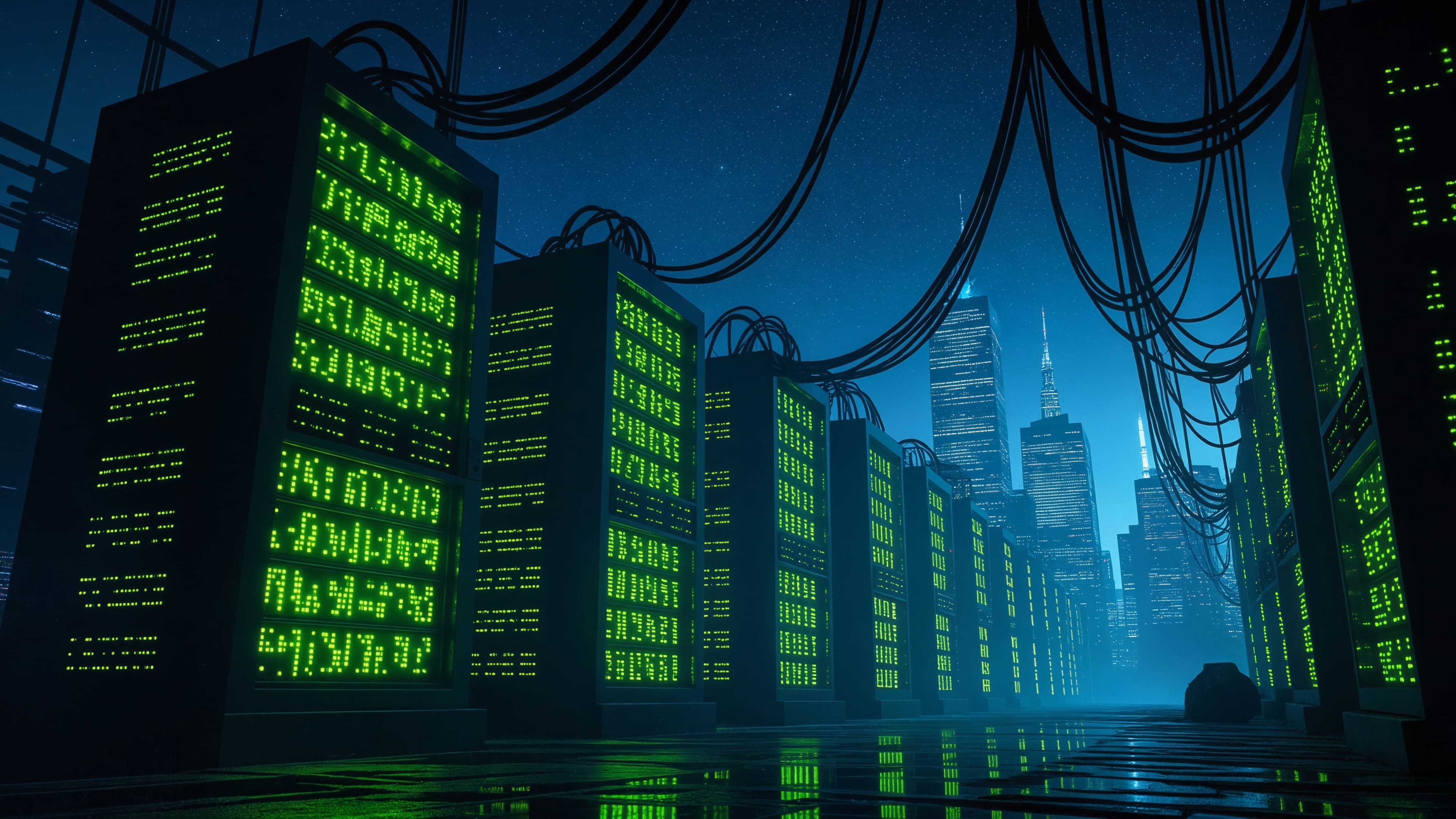 Centres de données illuminés de vert dans la nuit, symbole du stockage des photos dans le cloud