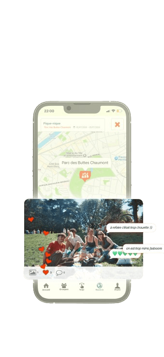 Carte collaborative dans l'application Timetrace : un événement pique-nique géolocalisé au Parc des Buttes Chaumont avec les photos, commentaires et réactions des participants