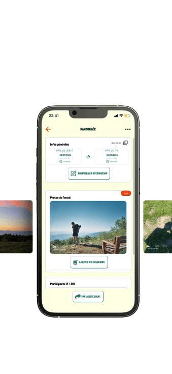 Écran d'un événement dans l'application Timetrace : ajout des souvenirs, participants et partage privé de l'événement